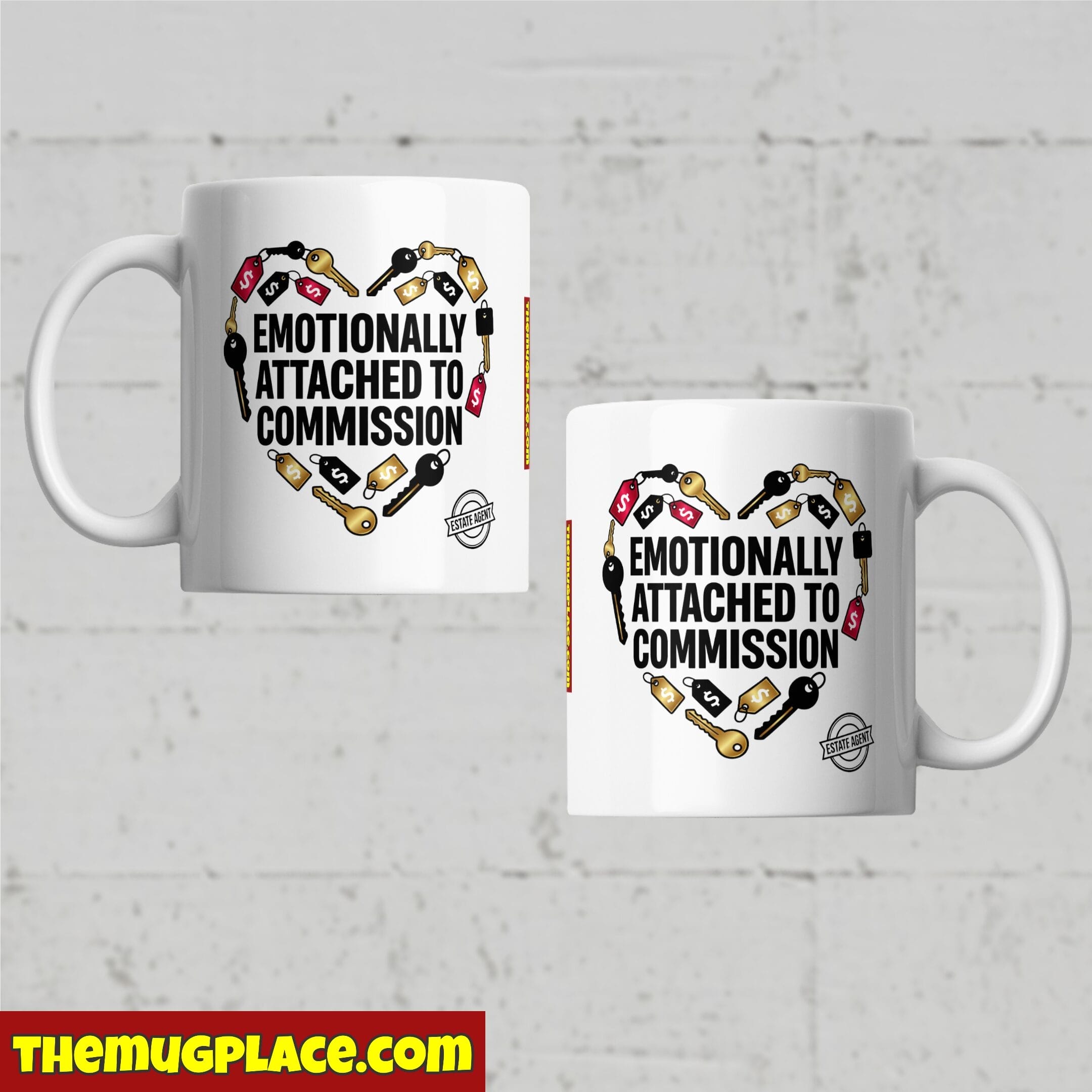 The Estate Agents Show Me The Money Mug Collection includes two white mugs with commission-themed designs and a bike chain heart.